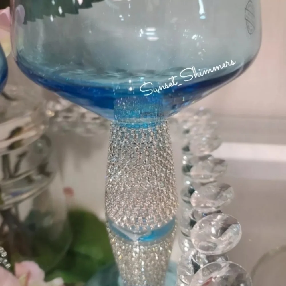 2 New Ice BLUE Rhinestone Crystal Cocktail Bar Wine Glass Goblets NEW